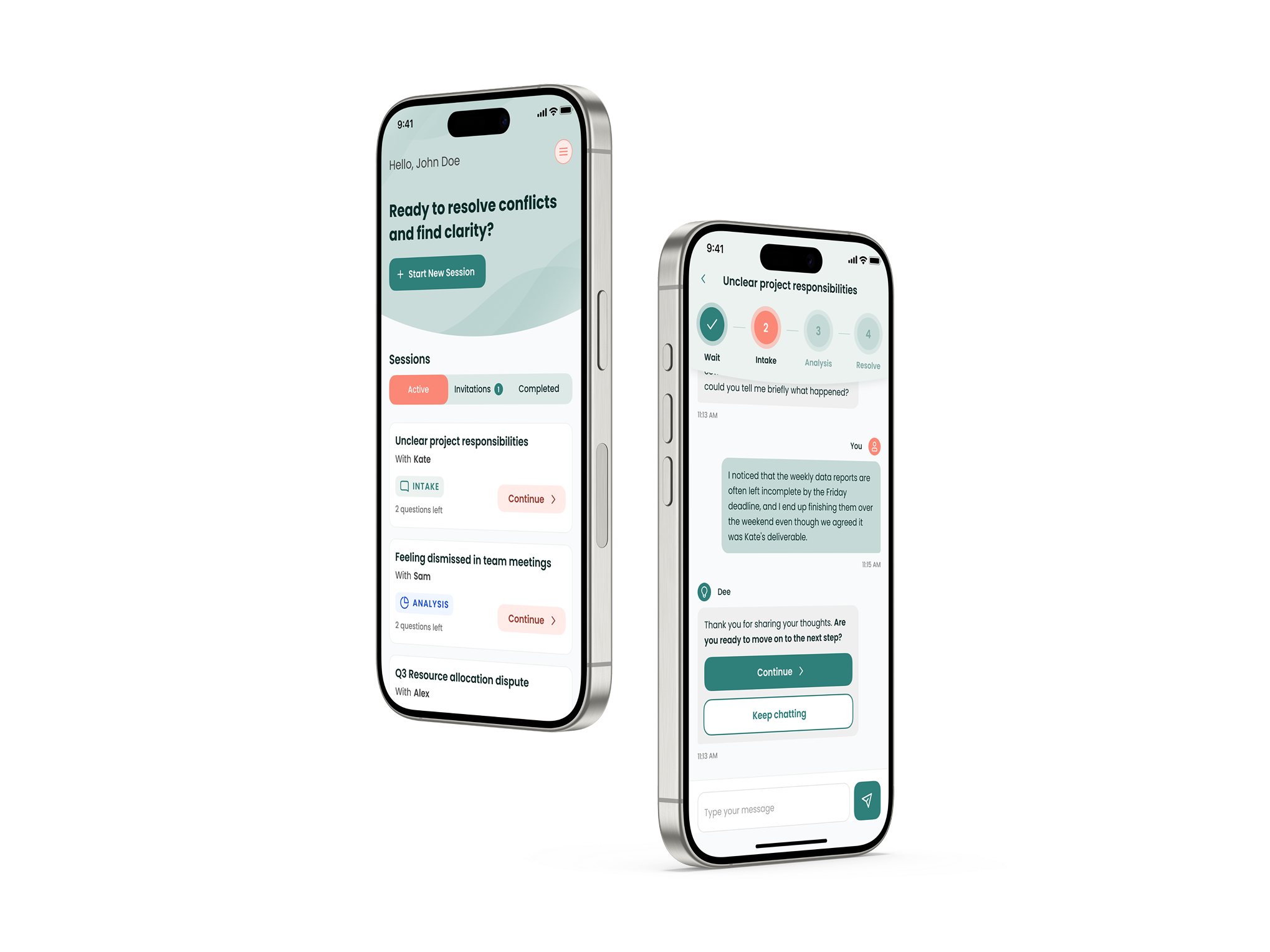 Dfuse mobile app showing session list and a guided conflict-resolution chat
